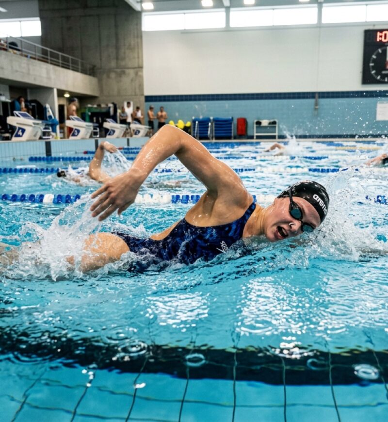 Schwimmerin beim Kraulen auf einer Bahn im Sportbecken